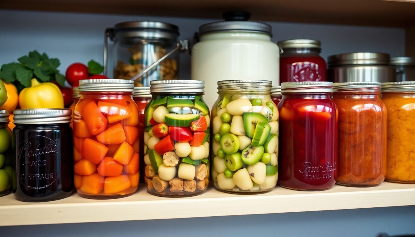 Jars of homemade canned goods lined up on a shelf, with fresh produce and canning equipment visible in the background