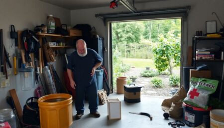 A well-equipped prepper working in a garage, surrounded by tools and materials, with various homemade survival gear items like a DIY water filter, solar panel, and a first aid kit in progress, while a garden with fruit trees and vegetables is visible through the open door.