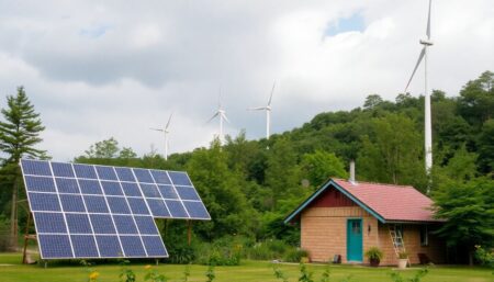 A serene, off-grid homestead powered by a mix of solar panels, wind turbines, and a micro-hydro setup, with lush greenery and a small, efficient house in the foreground.