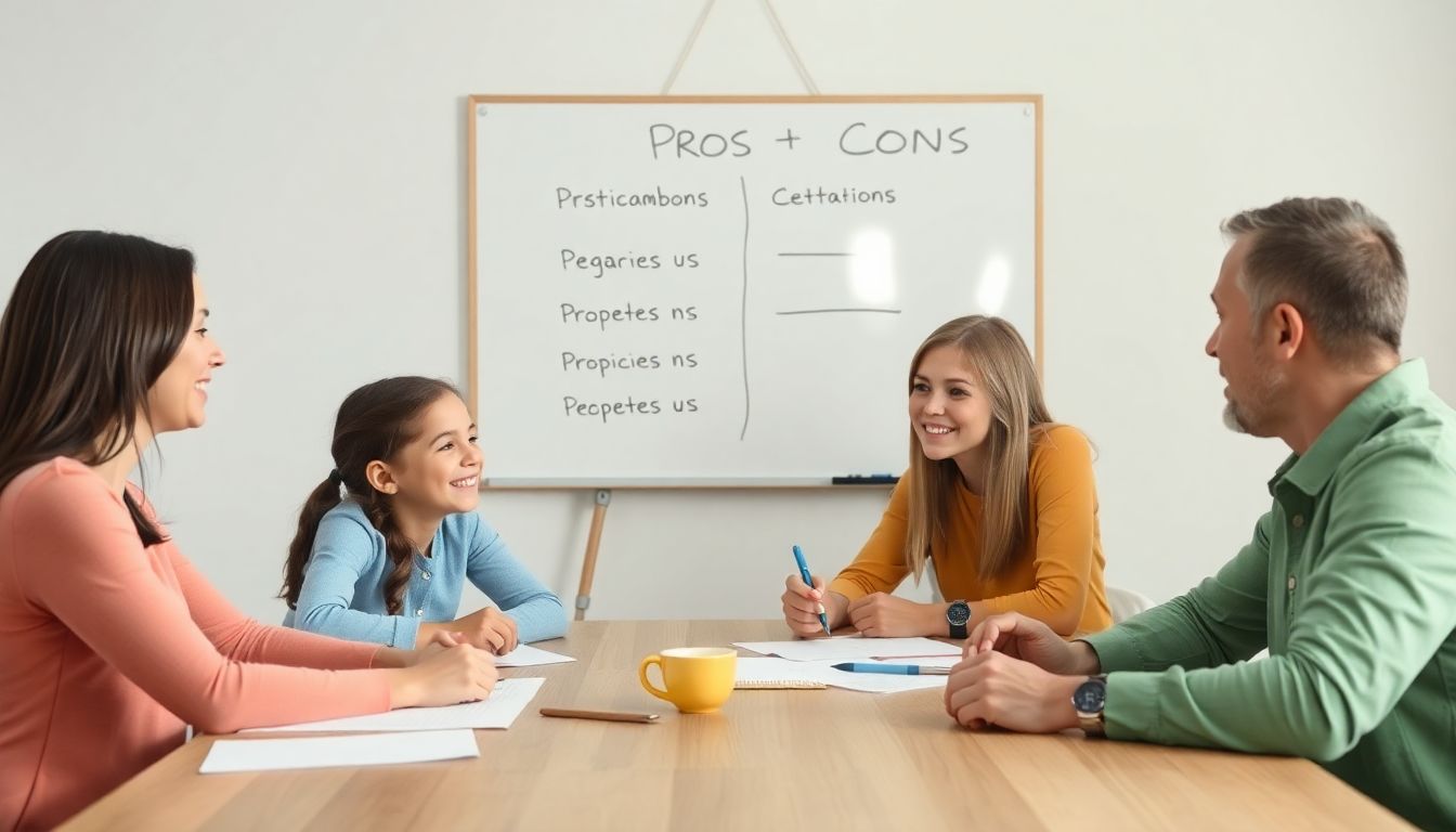 A family discussing their plans around a table, with a whiteboard or chalkboard listing pros and cons in the background.