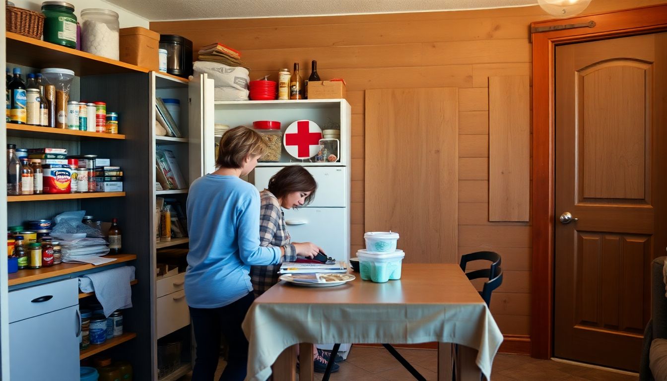 A well-stocked pantry, a family practicing first aid, and a home with boarded-up windows and reinforced doors.