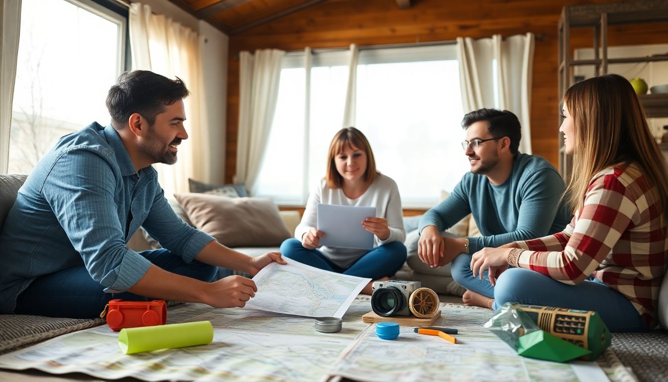 A family discussing a change in plans, with updated maps and new supplies laid out.