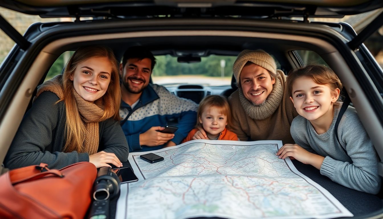 A family packing a car with essentials, a map laid out on the hood, and a determined look on their faces.