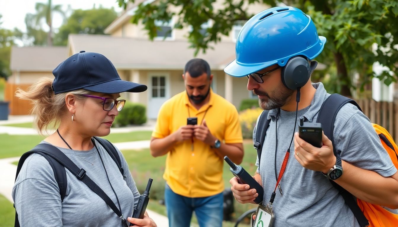 Neighbors helping each other, with walkie-talkies and other communication devices visible.