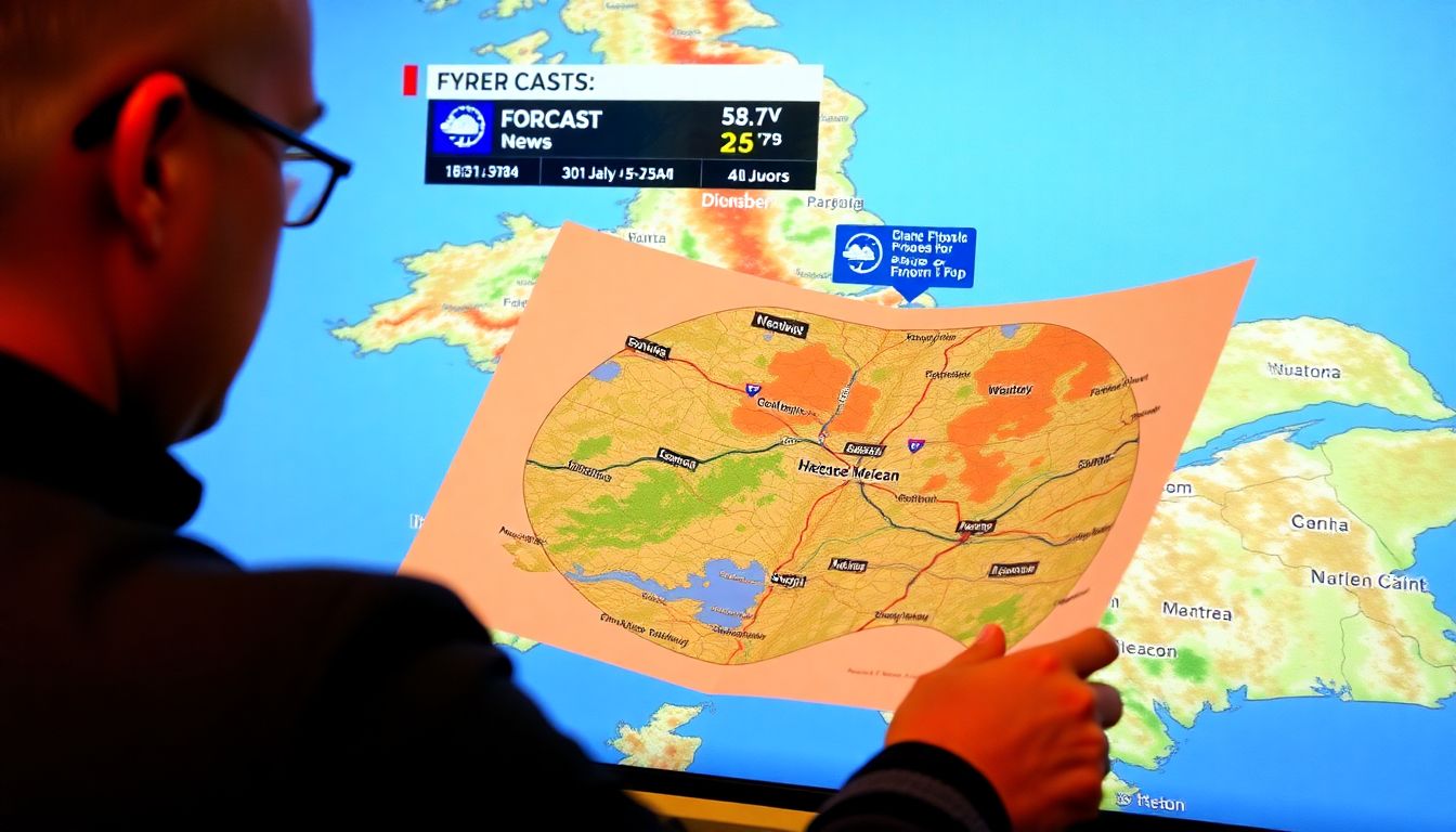 A person studying a map, with news reports and weather forecasts visible in the background.