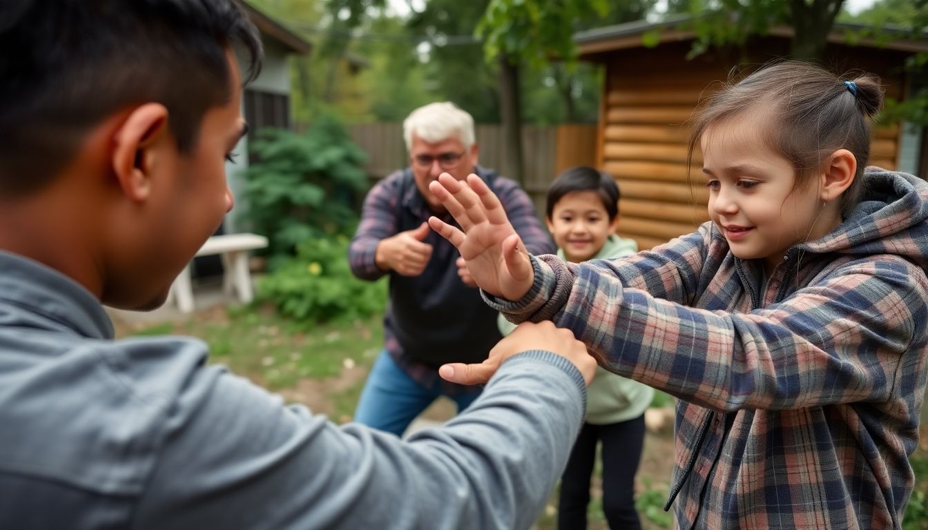 A family practicing both defensive tactics at home and survival skills outdoors.