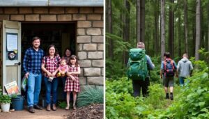 A family standing in their fortified home, with emergency supplies and a garden, contrasted with the same family hiking through a dense forest with backpacks, a map, and a compass.