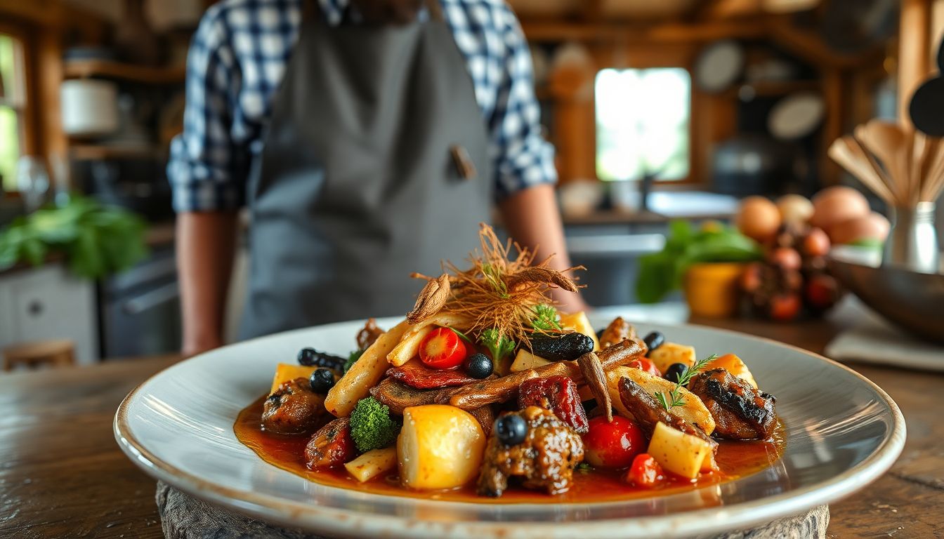 A beautifully plated dish made with wild ingredients, with a prepper standing in a rustic kitchen, surrounded by foraged ingredients.