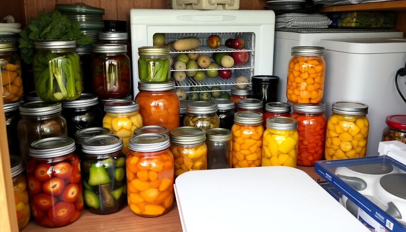 A prepper's pantry filled with jars of preserved fruits, vegetables, and ferments, with a dehydrator and freezer in the background.