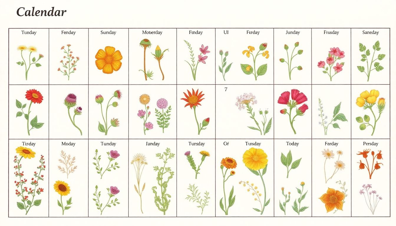 A calendar with illustrations of various wild edibles, each corresponding to a different season.