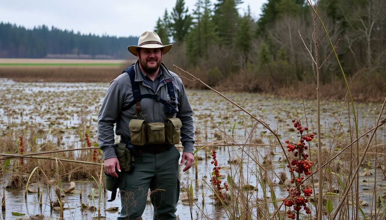 A prepper standing in a marsh, with a variety of wetland plants and berries visible, and a forest and field in the background.