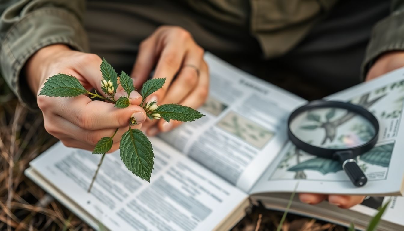 A close-up of a prepper's hands carefully examining a plant, with a field guide open beside it, and a magnifying glass nearby.