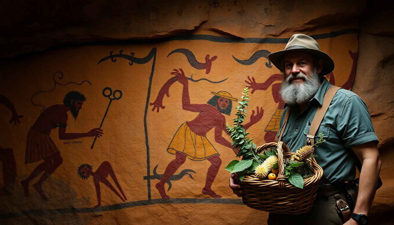 An ancient cave painting depicting early humans foraging, with a modern prepper standing beside it, holding a basket of wild edibles.