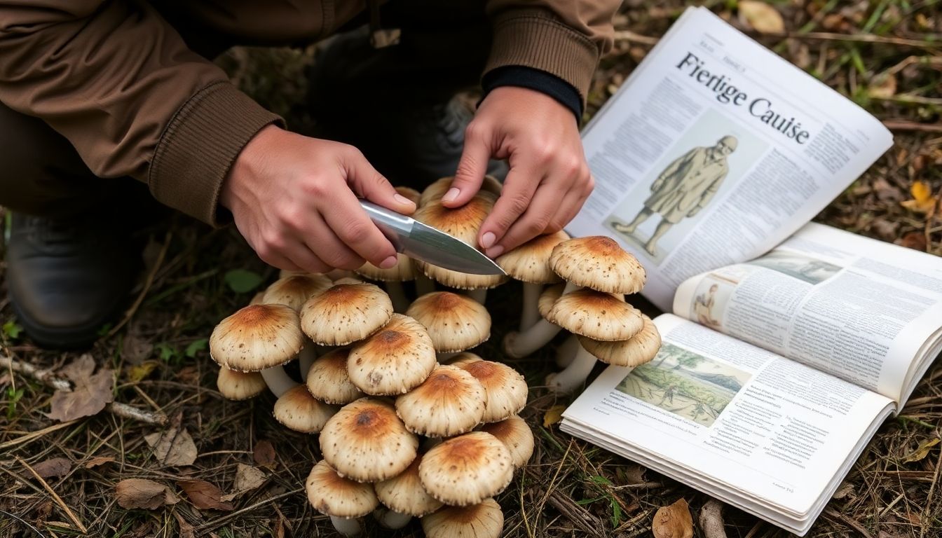 A prepper kneeling beside a cluster of mushrooms, carefully examining them with a knife and a field guide open nearby.