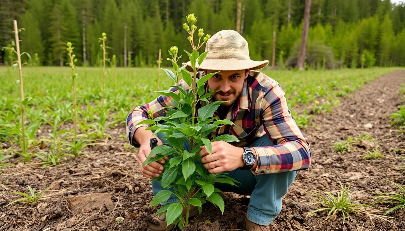 A prepper carefully replacing a plant after harvesting, with a pristine, untouched forest in the background.