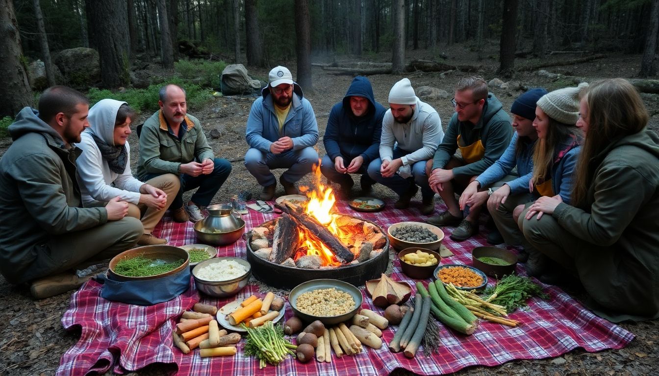 A group of preppers and foragers gathered around a campfire, sharing knowledge and stories, with wild edibles laid out on a blanket.