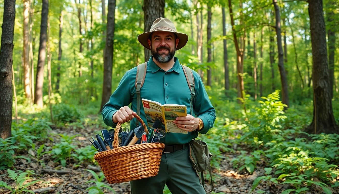 A well-equipped prepper standing in a lush forest, holding a basket and a field guide, with various tools and gear visible.