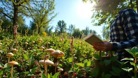 A diverse landscape filled with various wild plants, mushrooms, and berries, with a prepper carefully identifying and harvesting them using a field guide and a small basket, under a clear blue sky with the sun casting dappled light through the trees.