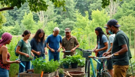 A group of diverse individuals gathered in a community garden, sharing tools, knowledge, and laughter. They're planting crops, repairing bicycles, and teaching each other survival skills under the watchful eye of a lush, green forest.