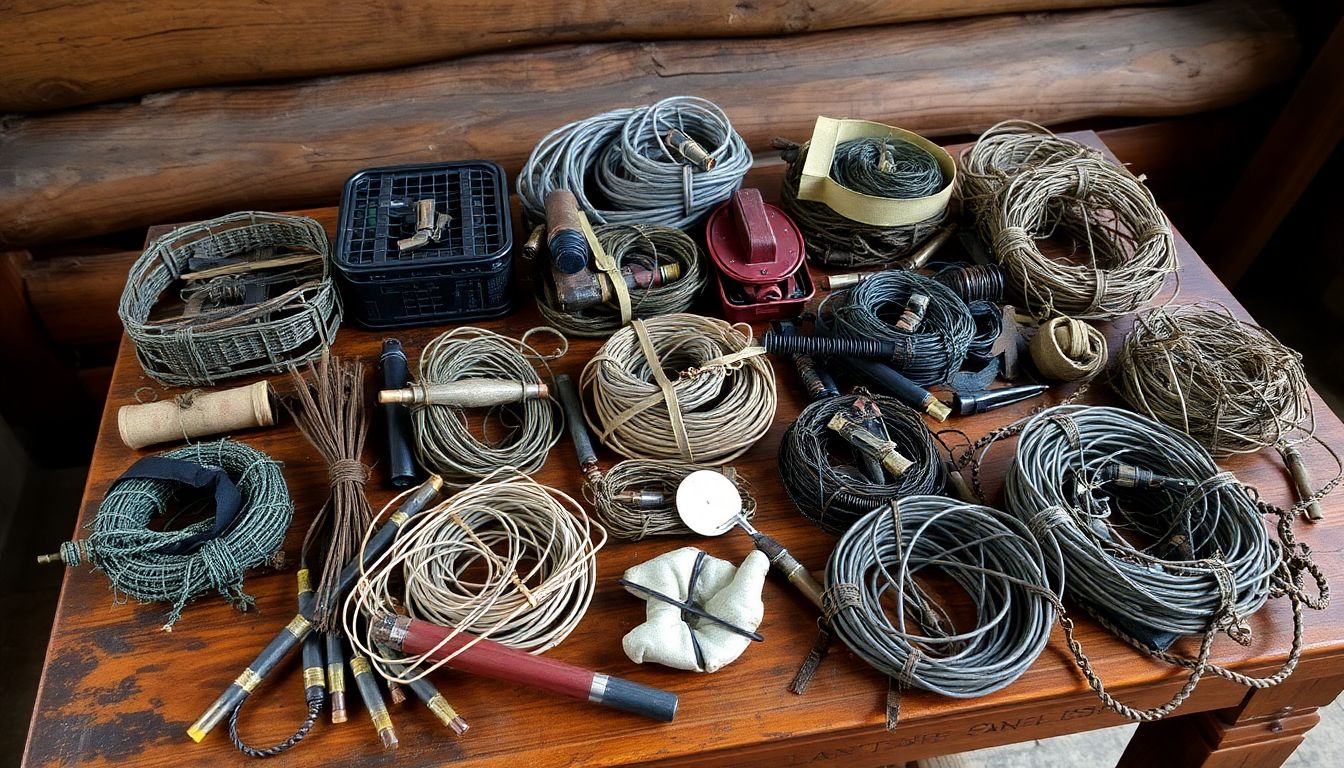 A variety of traps and snares, both traditional and modern, arranged on a wooden table in a rustic setting.