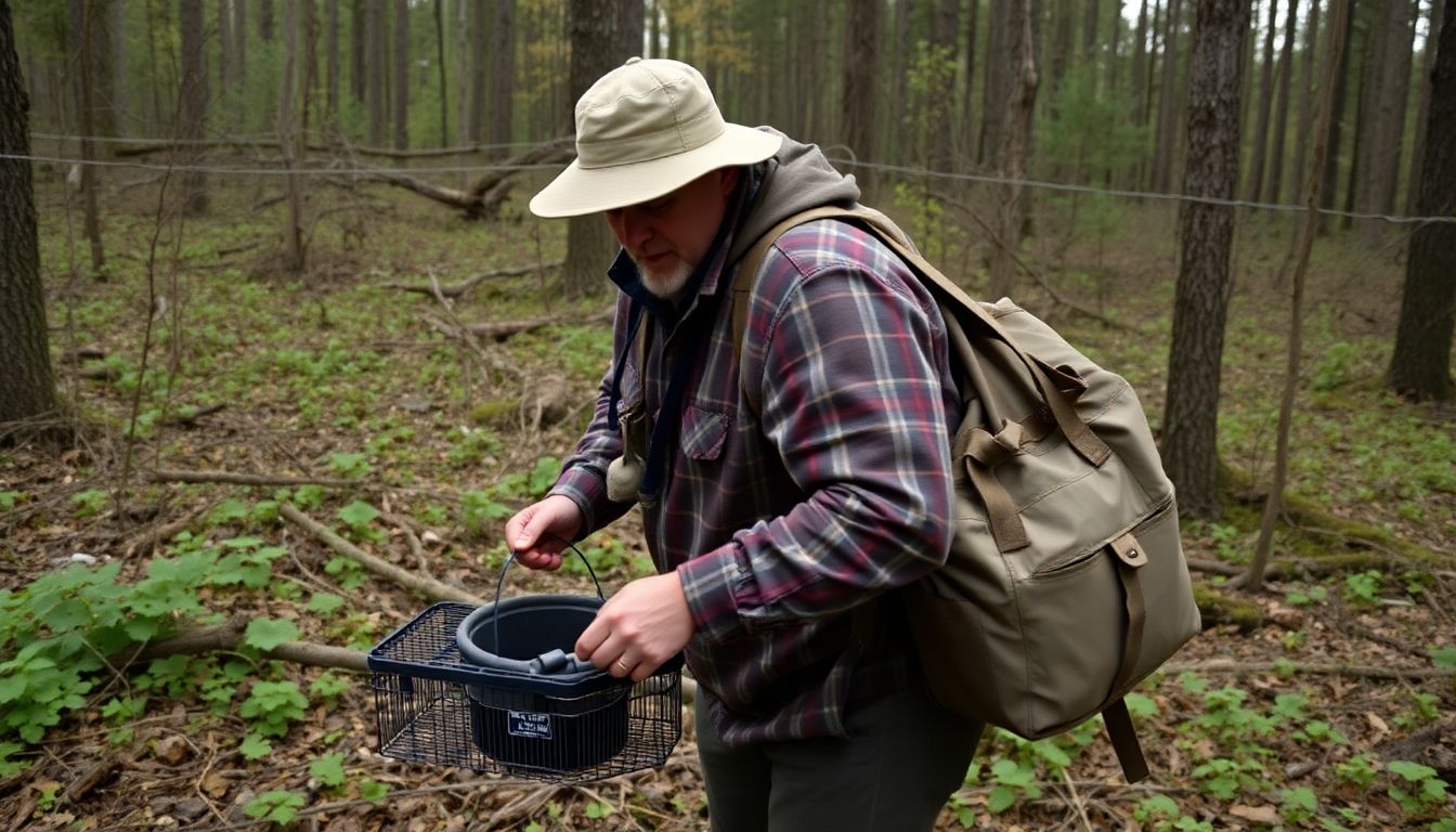 A prepper checking traps in the woods, with a well-maintained trap in their hand and a supply bag over their shoulder.