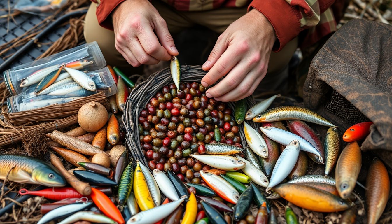 A prepper preparing bait for a trap, surrounded by various natural and artificial lure options.