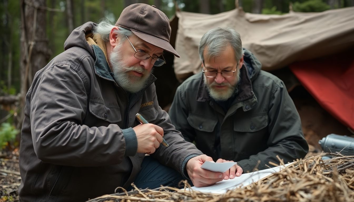 A prepper learning from a failed trap, thoughtfully examining it and taking notes for future reference.