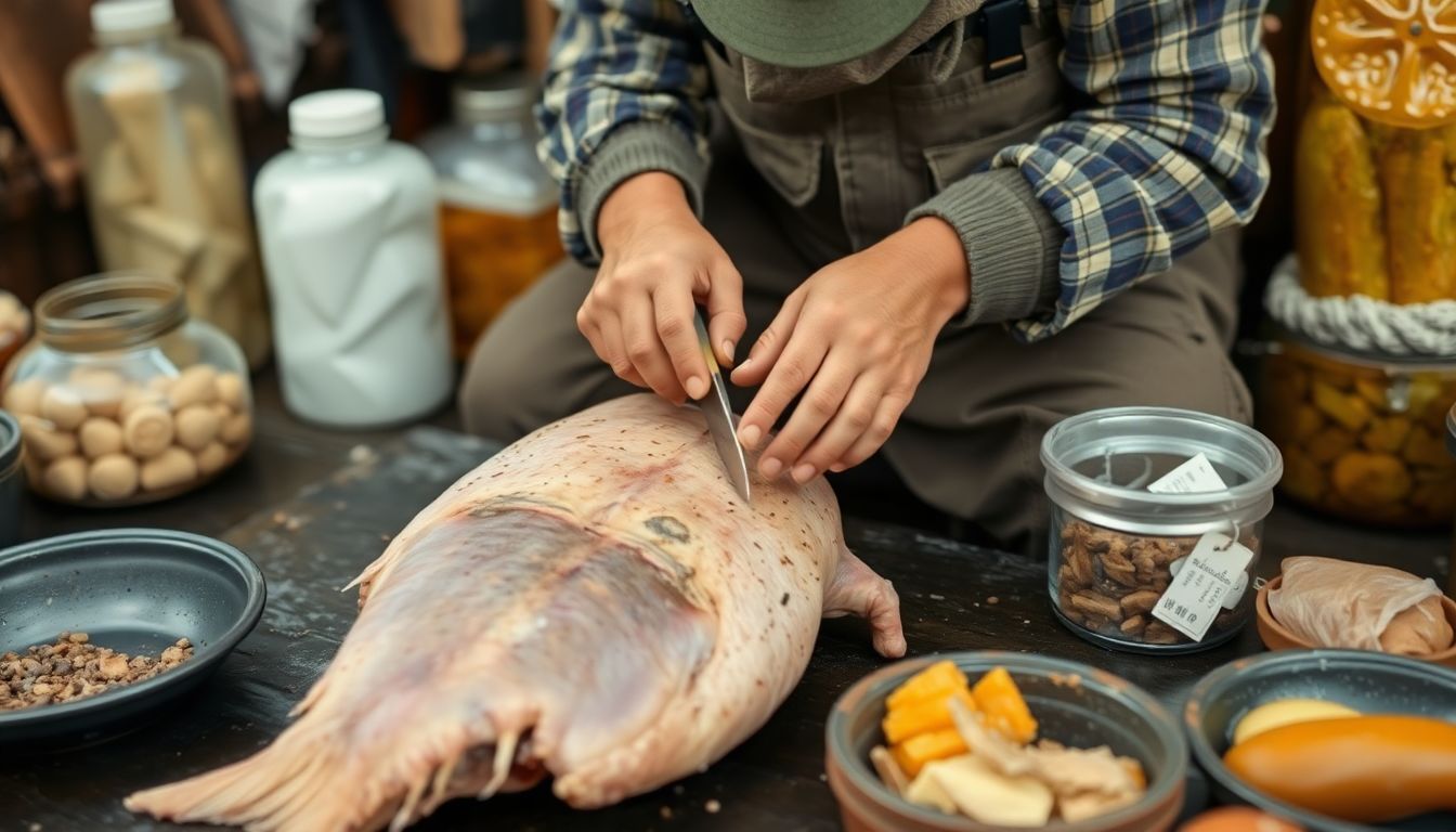 A prepper cleaning and preparing a caught animal, with various preservation methods shown in the background.