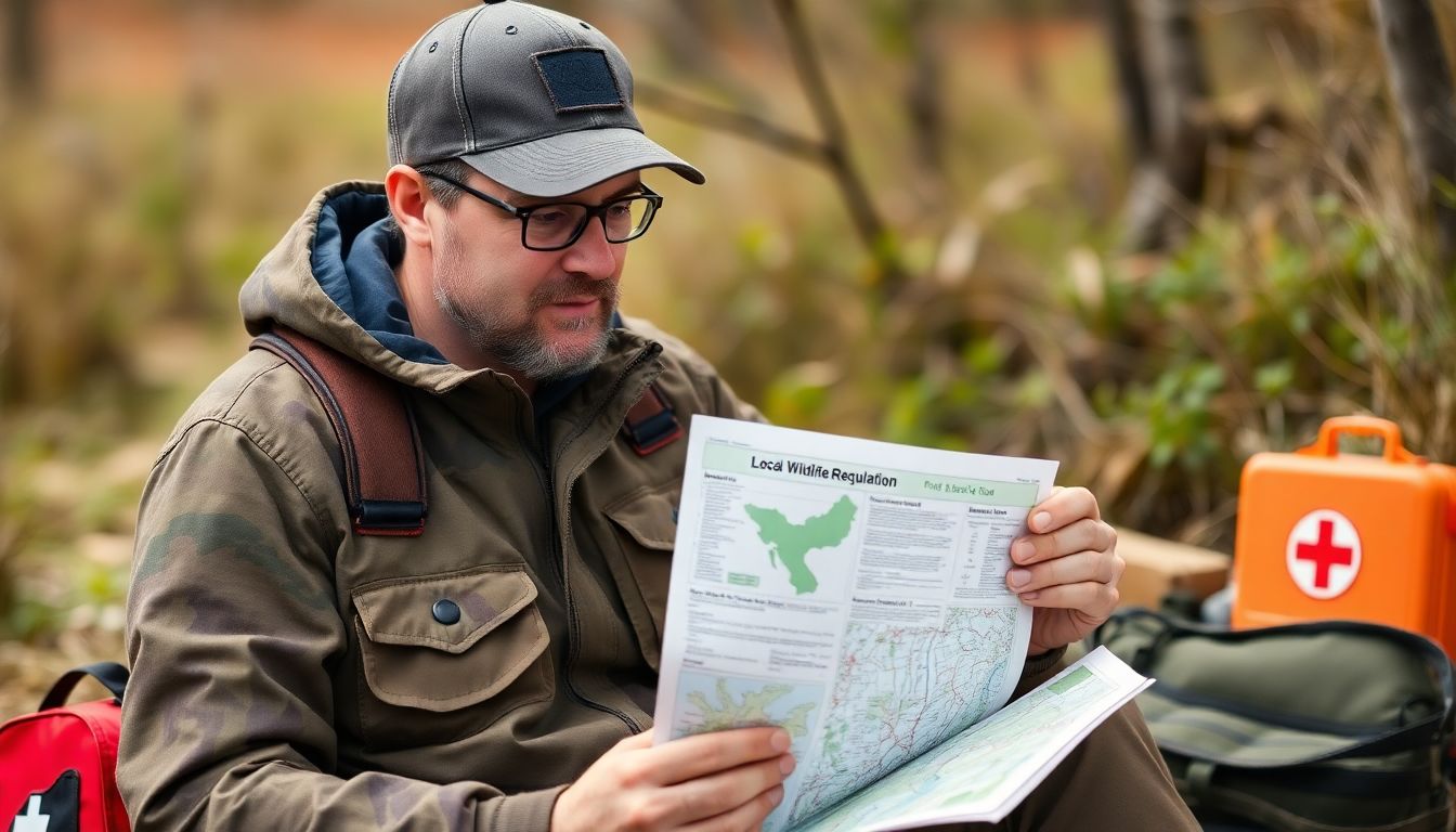 A prepper studying a local wildlife regulation booklet, with a map of the area and a first aid kit nearby.