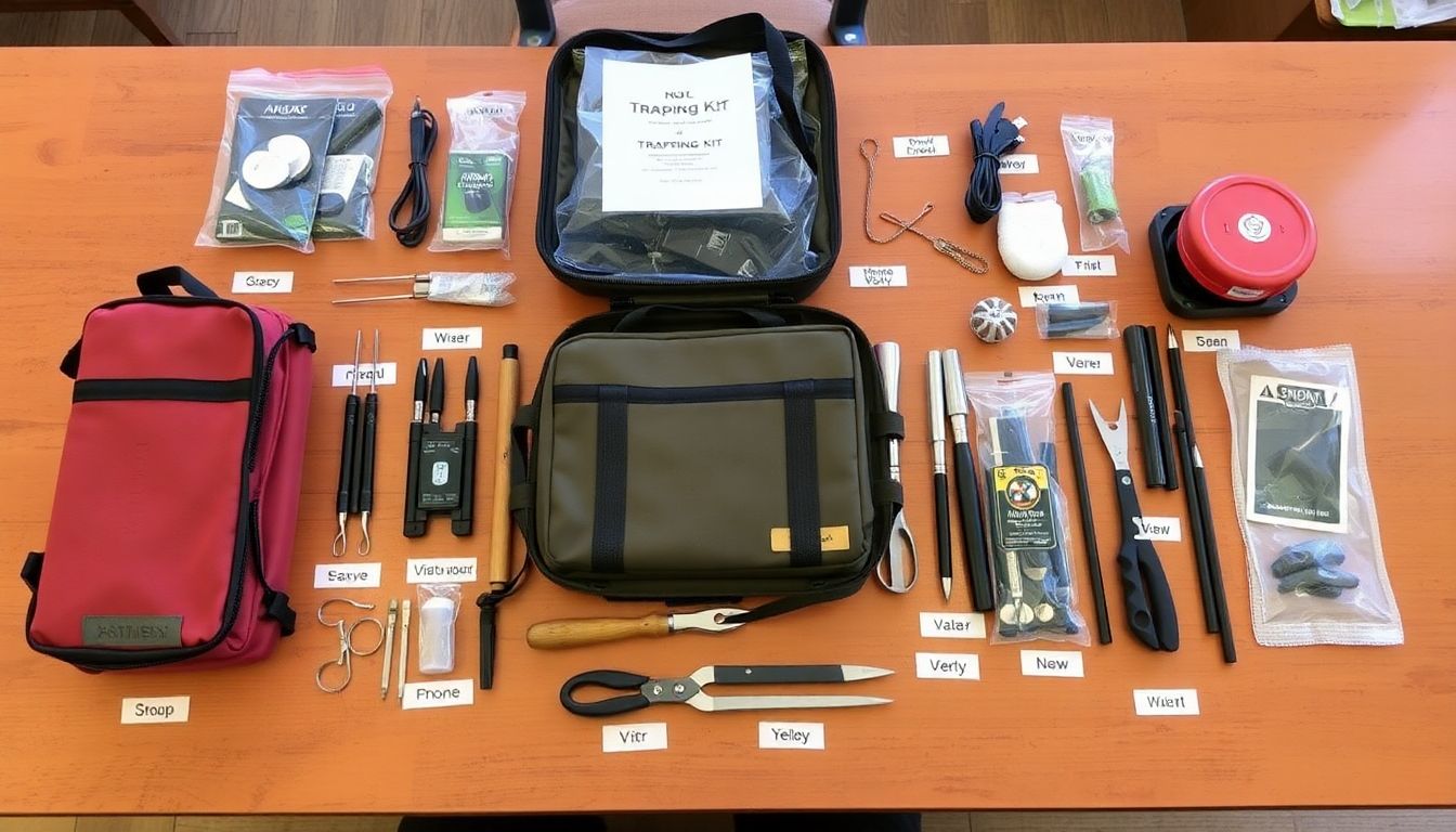 A well-organized trapping kit laid out on a table, with each item clearly labeled.