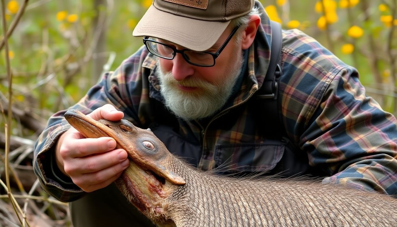 A prepper thoughtfully examining a caught animal, showing respect and appreciation for the resource.