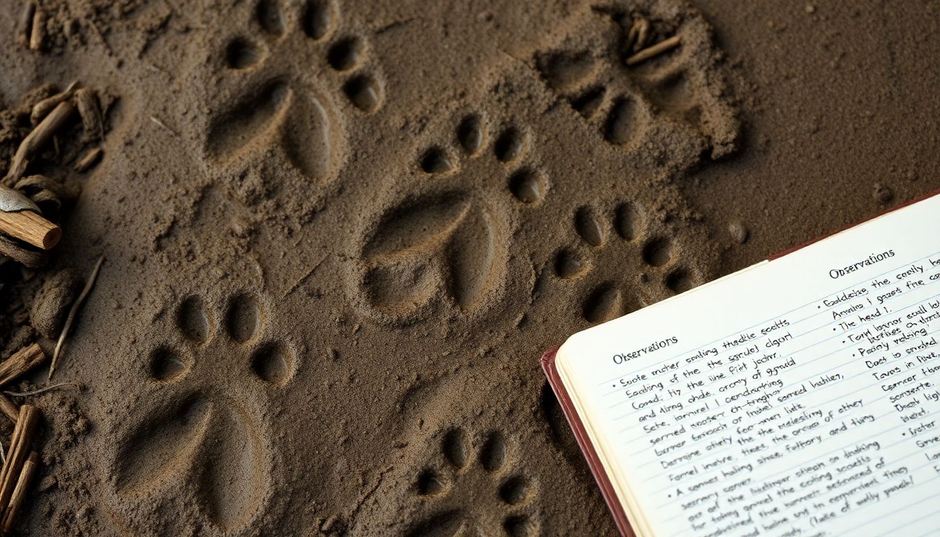 A close-up of animal tracks in the mud, with a prepper's notebook open beside them, detailing observations.