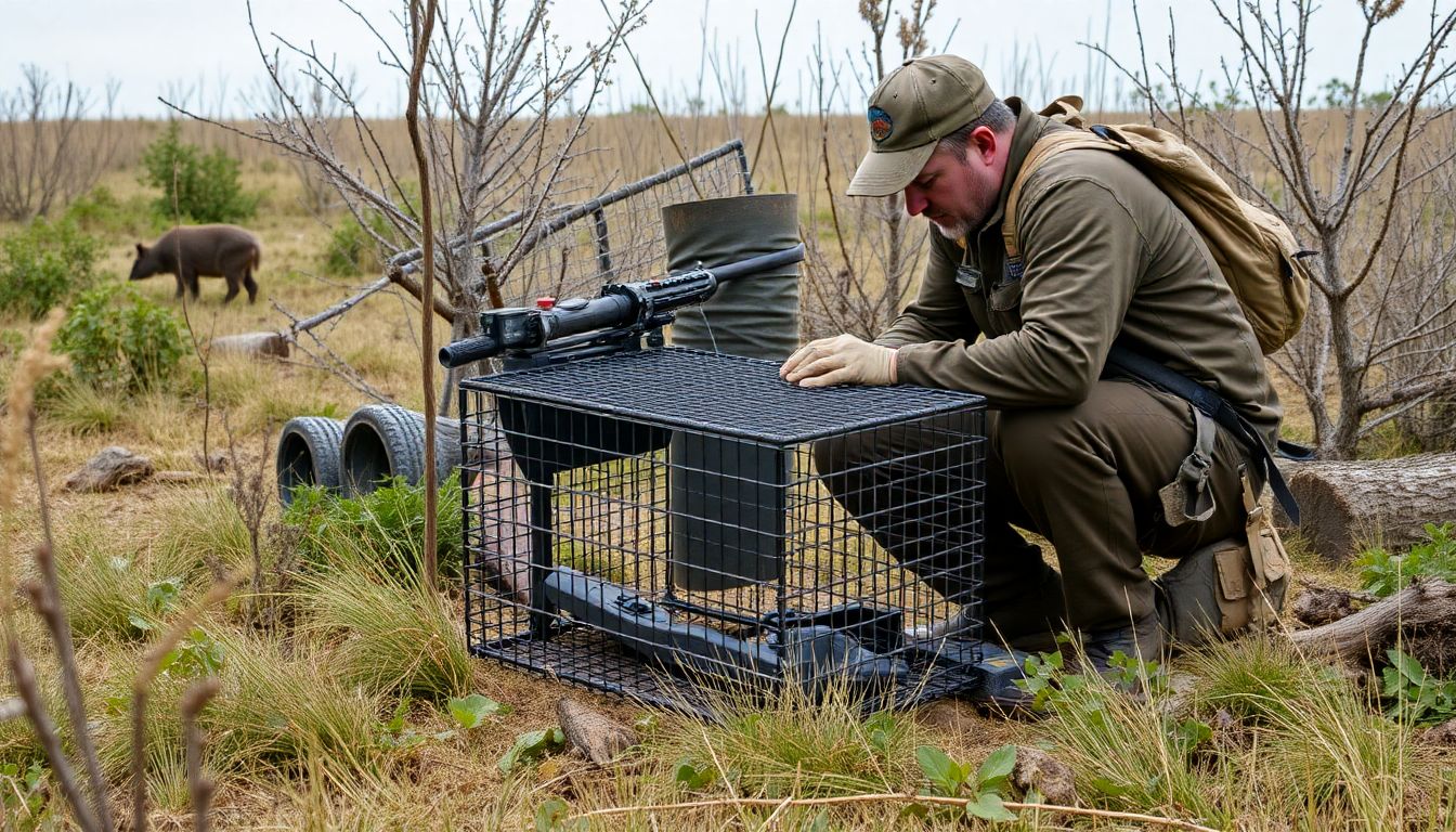 A prepper carefully placing a trap in a well-chosen location, with animal signs nearby.