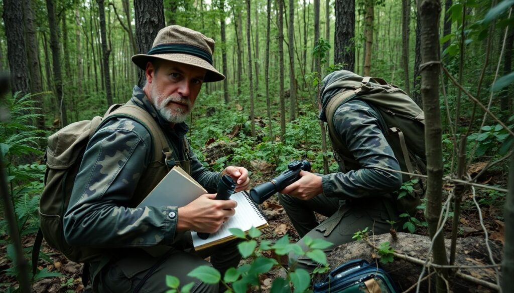 A determined prepper, dressed in camouflage, setting traps in a dense forest, with a backpack full of supplies, and a notebook for recording observations.