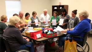 A diverse group of individuals with various chronic illnesses and disabilities preparing emergency kits, discussing plans, and practicing drills in a safe, inclusive environment.