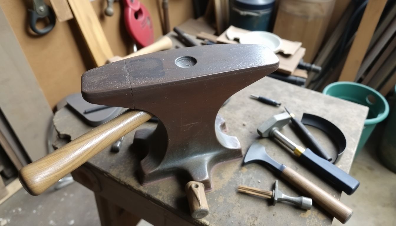 A blacksmith's anvil, hammer, and other basic tools laid out on a workbench in a makeshift workshop.