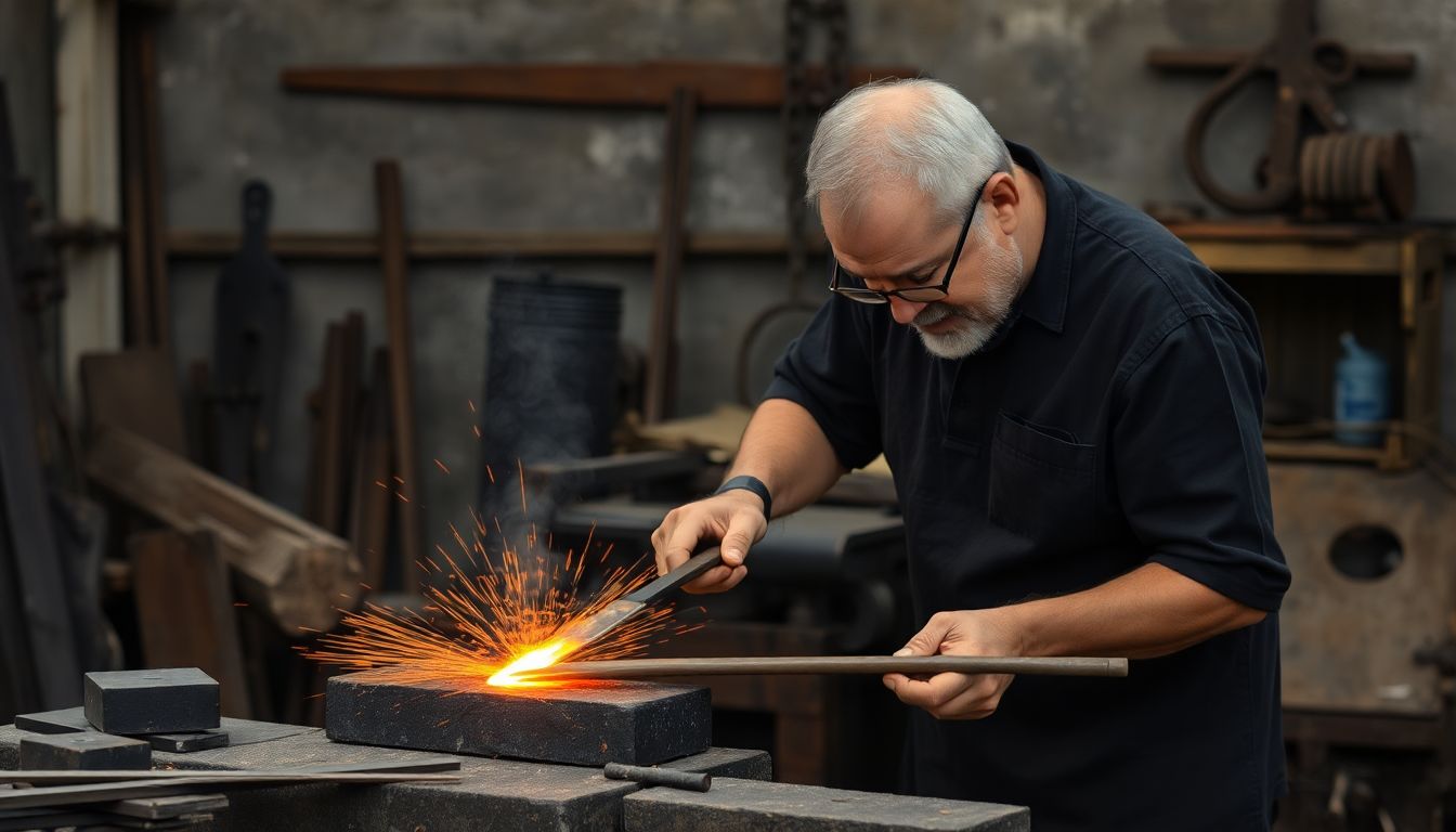 A blacksmith demonstrating different metalworking techniques on various pieces of metal.