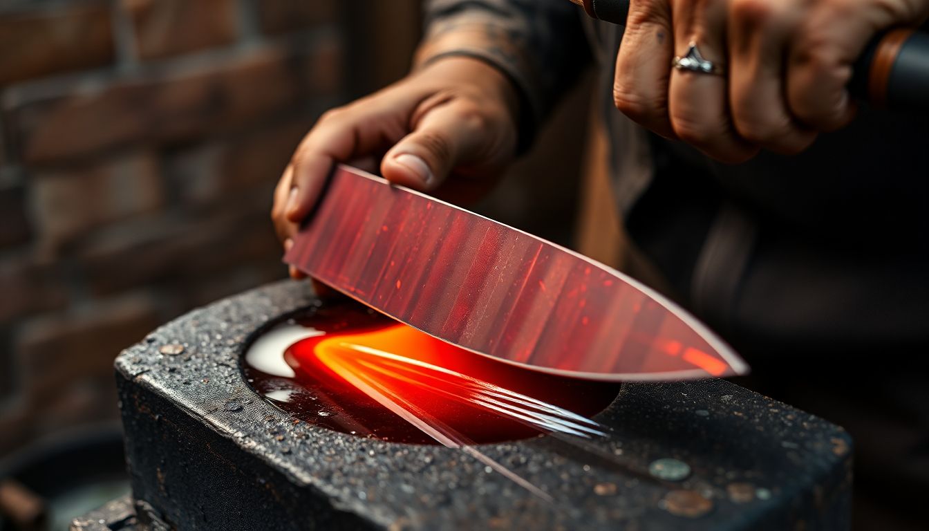 A blacksmith quenching a red-hot blade in oil, with a close-up of the tempering process.