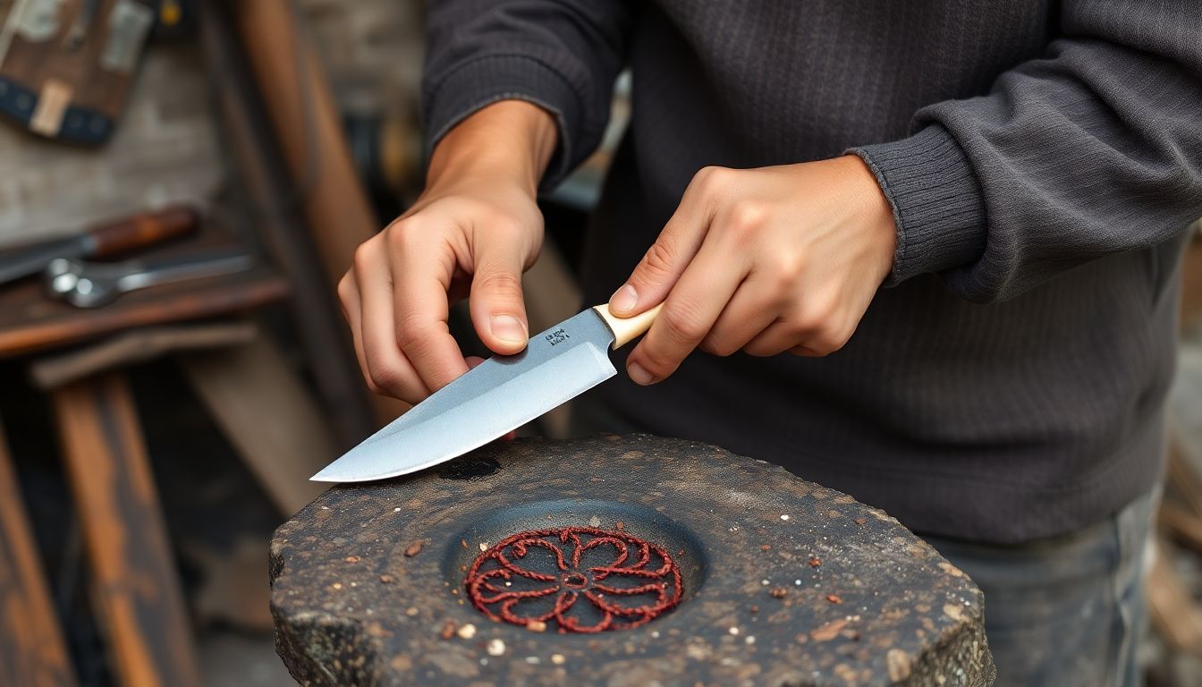 A blacksmith working with alternative materials, such as shaping a bone handle for a knife.