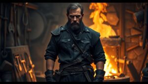 A lone blacksmith in a post-apocalyptic world, surrounded by tools he's crafted, standing in front of a roaring forge, with a determined look on his face.