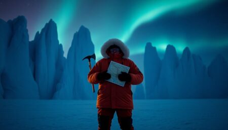 A lone figure, bundled in thick, insulated clothing, stands against a backdrop of towering ice formations and the Northern Lights, holding an ice axe and a map, symbolizing determination and resilience in the harsh Arctic landscape.