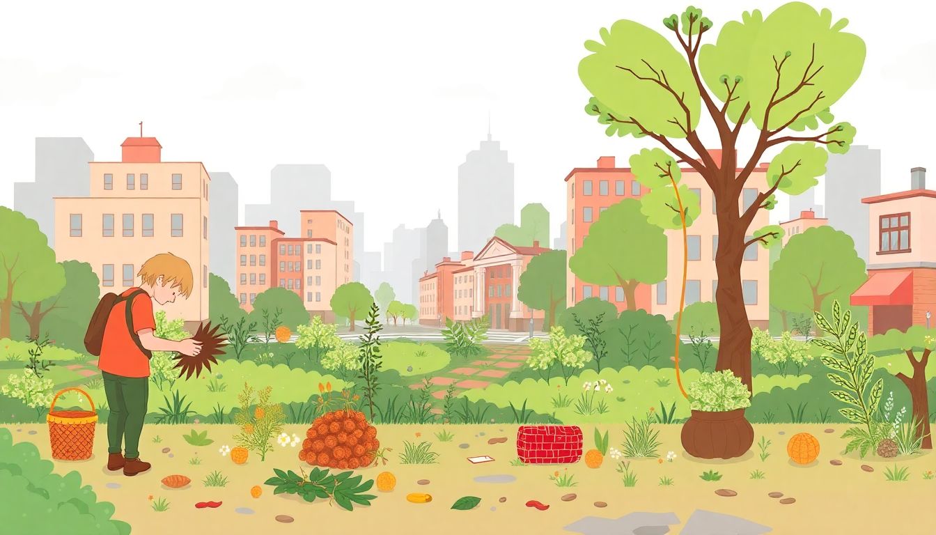 An illustration of a person foraging in an urban environment, with a timeline showing the history of foraging from ancient times to the present day.