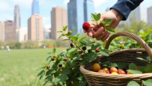 A close-up of a person's hands gently plucking a wild berry from a bush growing in a city park, with skyscrapers in the background, and a basket filled with other foraged edibles nearby.