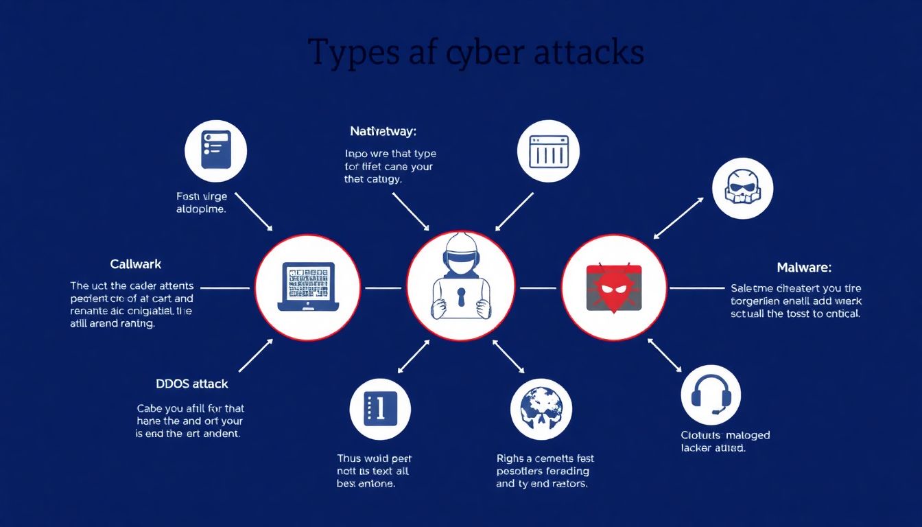 Infographic showing different types of cyber attacks, with icons representing each type (e.g., hacker, malware, DDoS attack, etc.)