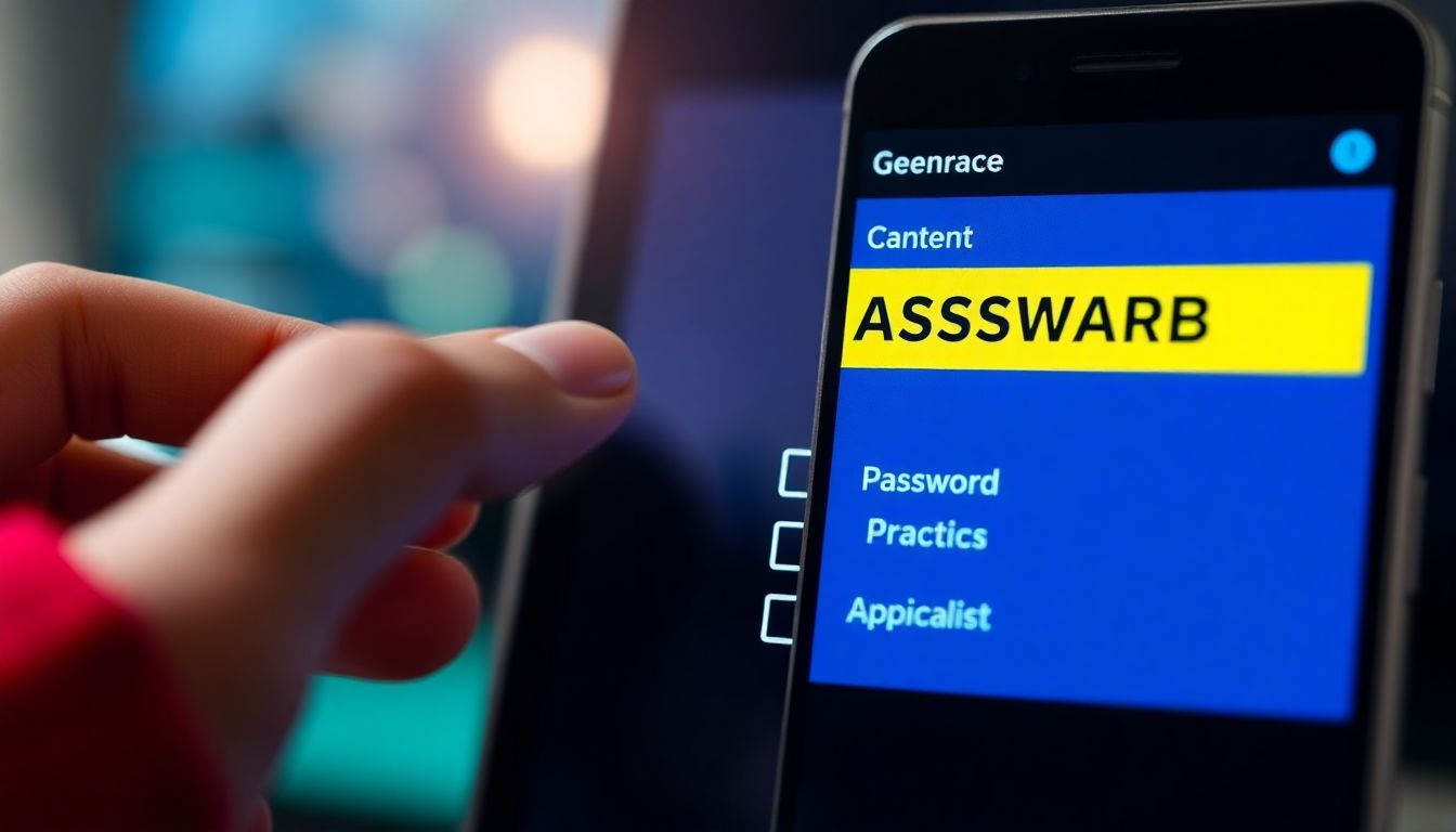 A password manager app generating a strong, random password, with a checklist of best practices next to it