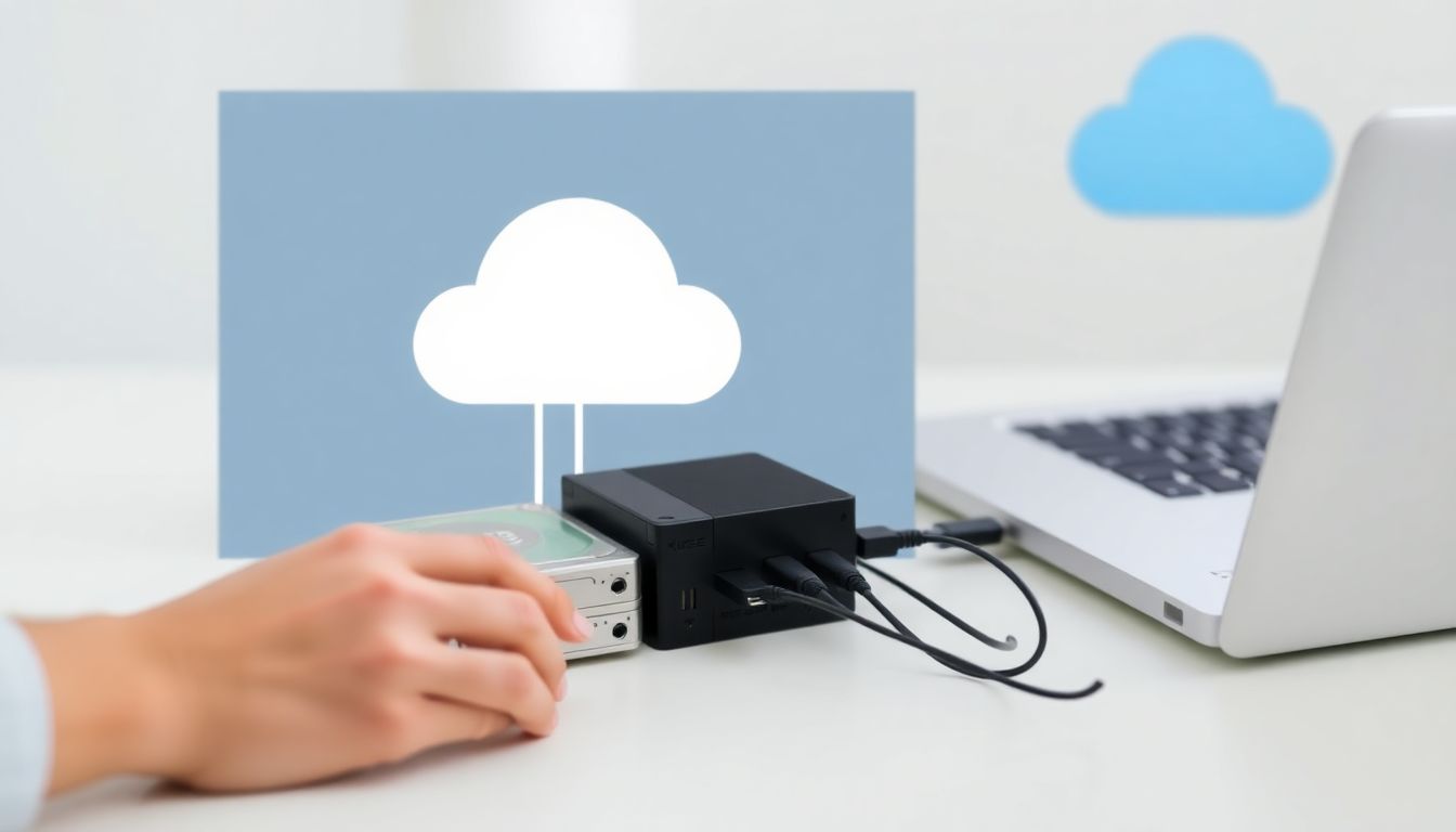 A person connecting multiple external hard drives to a laptop, with a cloud symbol in the background representing cloud backup options