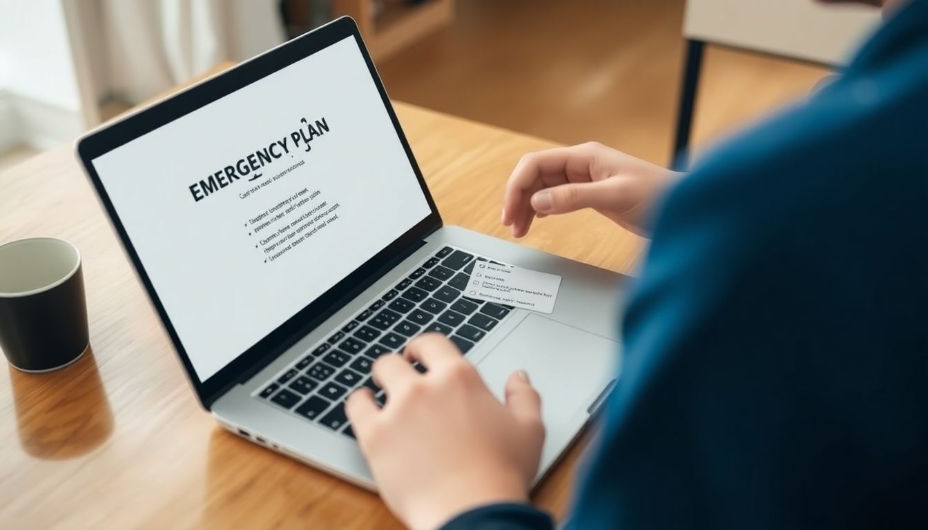 A person creating a digital emergency plan on a laptop, with a checklist of steps and contact information next to it