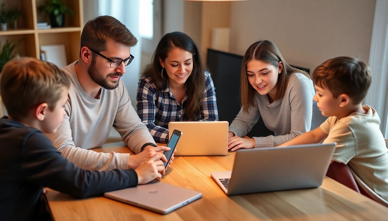 A family sitting around a table, with each member looking at a laptop or tablet, learning about cybersecurity together