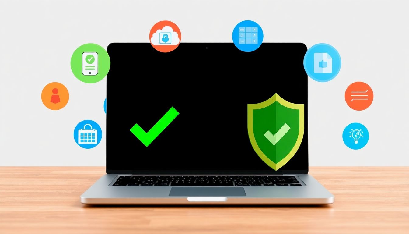 A laptop with a green checkmark next to it, surrounded by various security software icons and a shield protecting it from malware