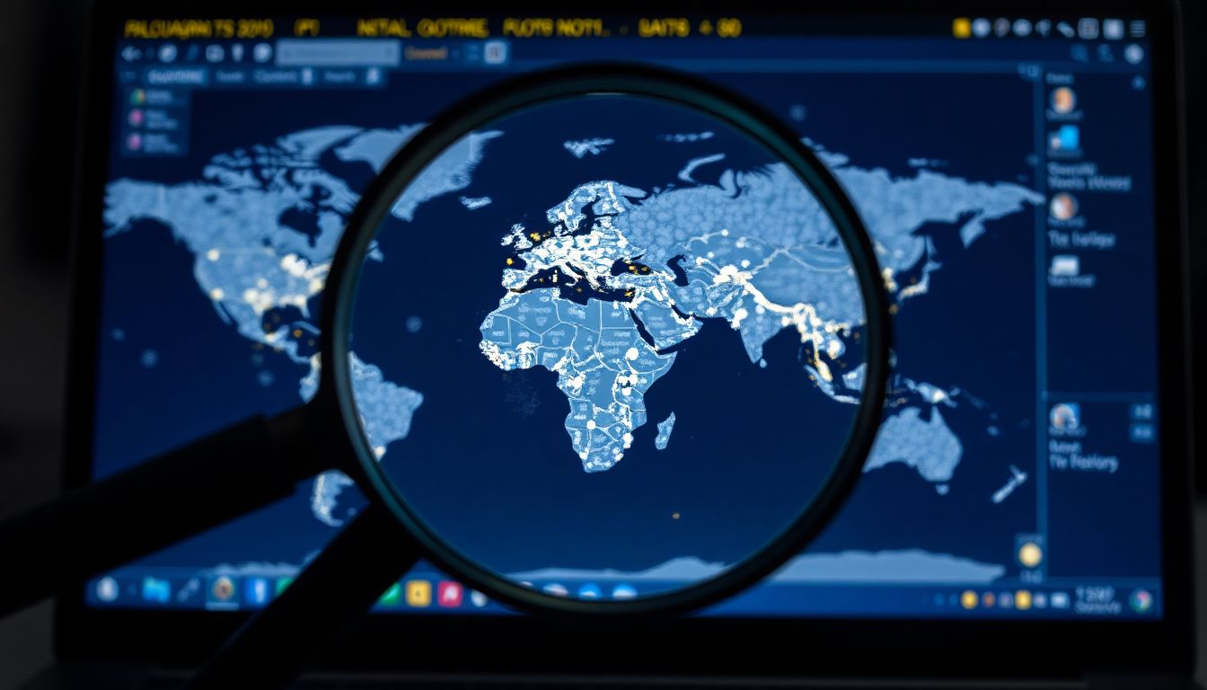 A magnifying glass hovering over a laptop screen, zooming in on a map of the world with various data points representing digital footprints